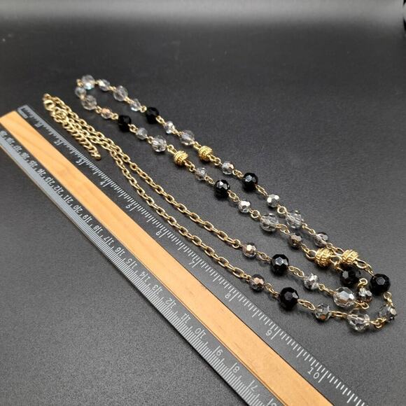 Vintage Long Black Smoky Crystal Necklace, 44 Inch, Gold Tone Chain Spacer Beads - Picture 9 of 11